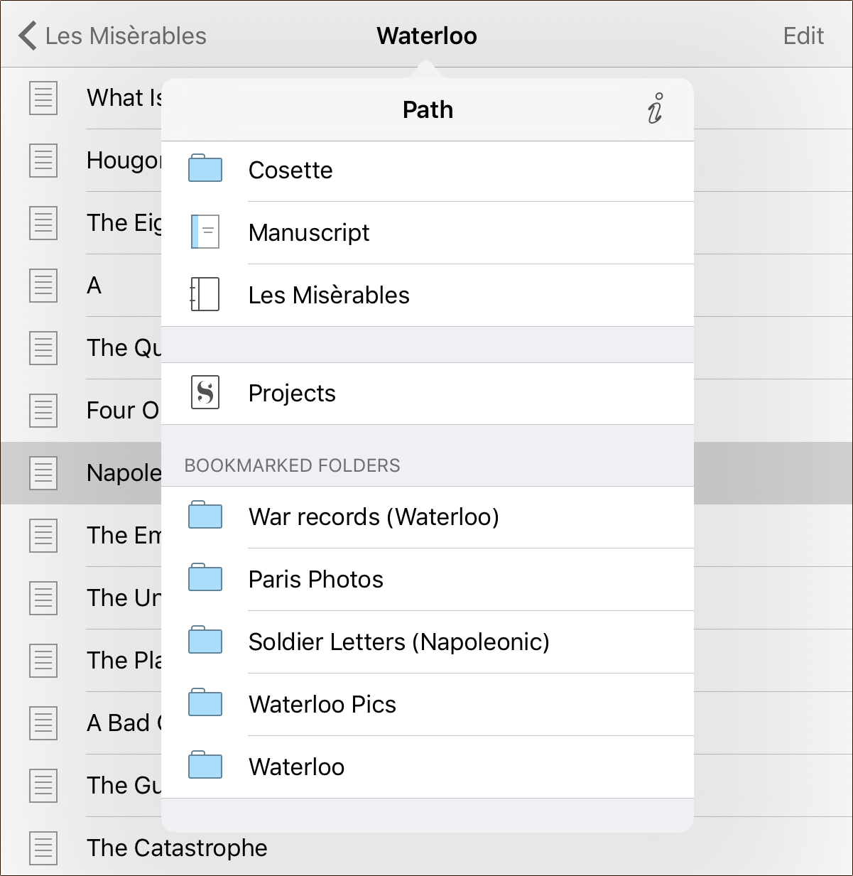 Screenshot of bookmarked folders in path menu
